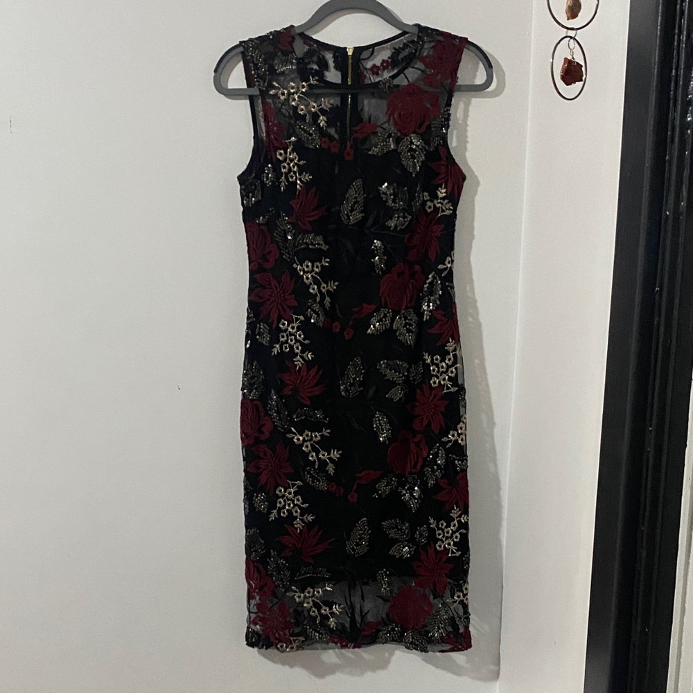 Calvin Klein Black and Burgundy Floral Midi Dress